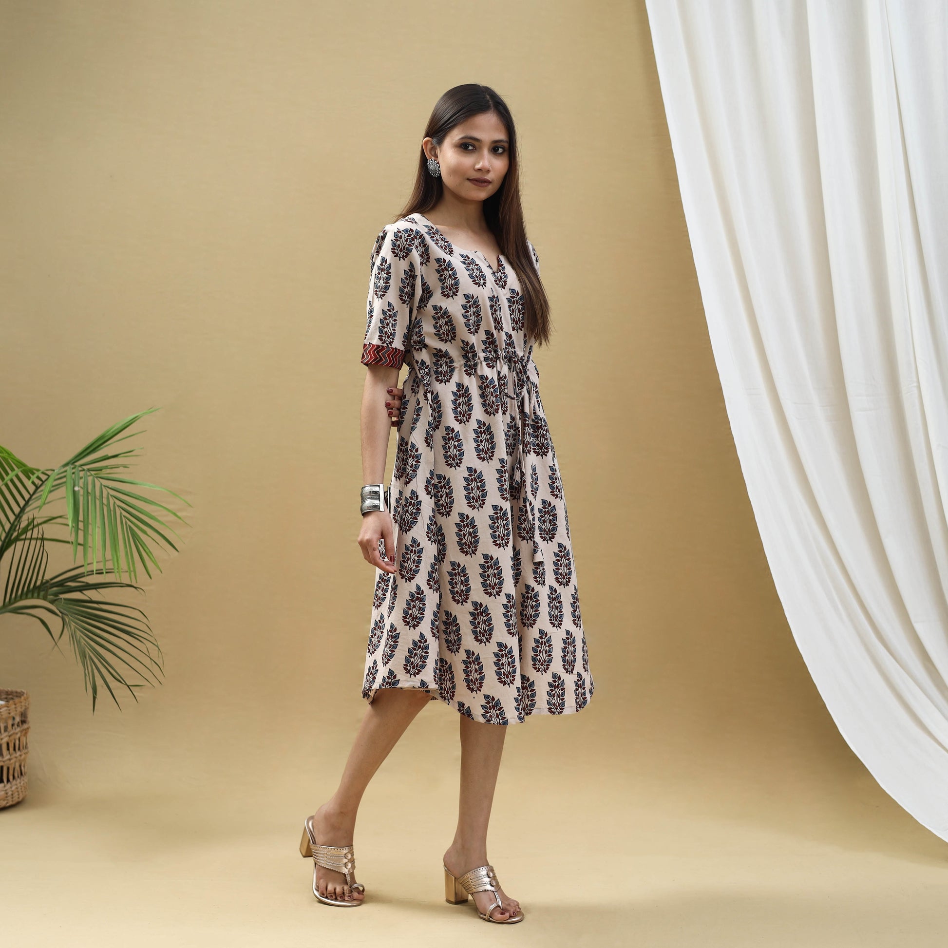 Beige - Block Print Cotton Flared Short Ajrakh Dress 12