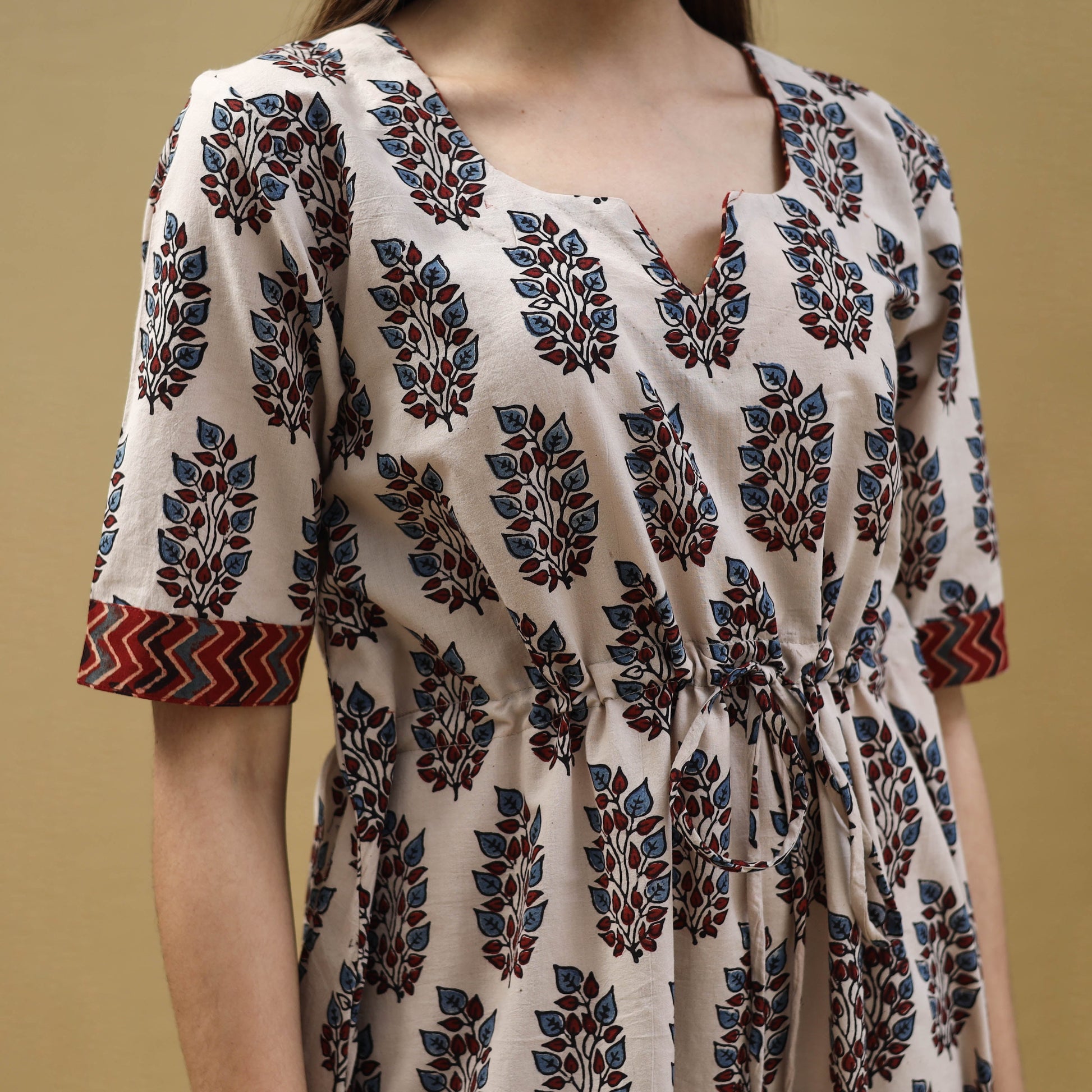 Beige - Block Print Cotton Flared Short Ajrakh Dress 12