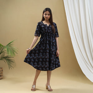 Black - Block Print Cotton Flared Short Ajrakh Dress 15