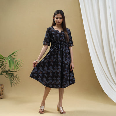 Black - Block Print Cotton Flared Short Ajrakh Dress 15