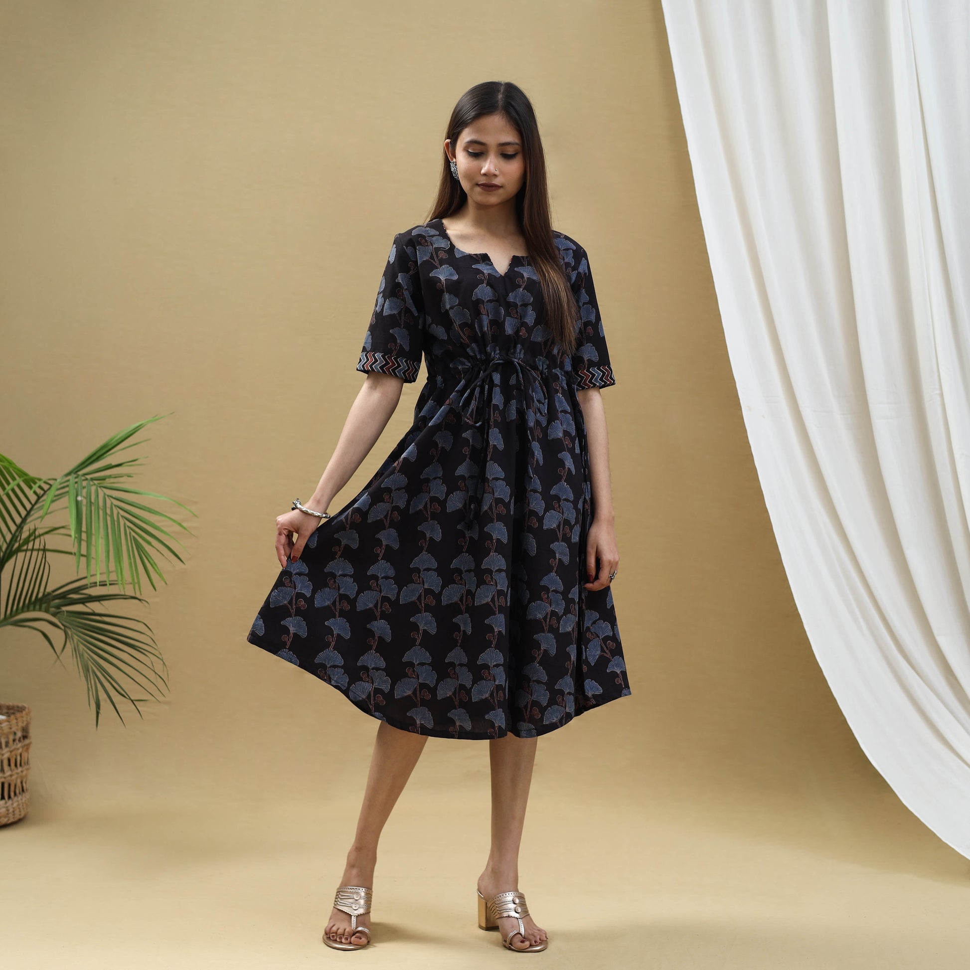 Black - Block Print Cotton Flared Short Ajrakh Dress 15
