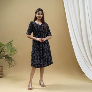 Black - Block Print Cotton Flared Short Ajrakh Dress 15