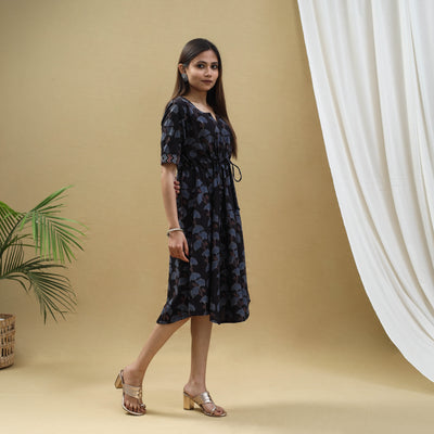 Black - Block Print Cotton Flared Short Ajrakh Dress 15