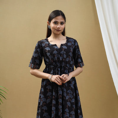 Black - Block Print Cotton Flared Short Ajrakh Dress 15