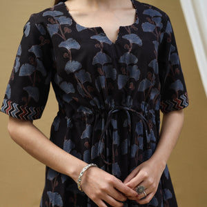 Black - Block Print Cotton Flared Short Ajrakh Dress 15
