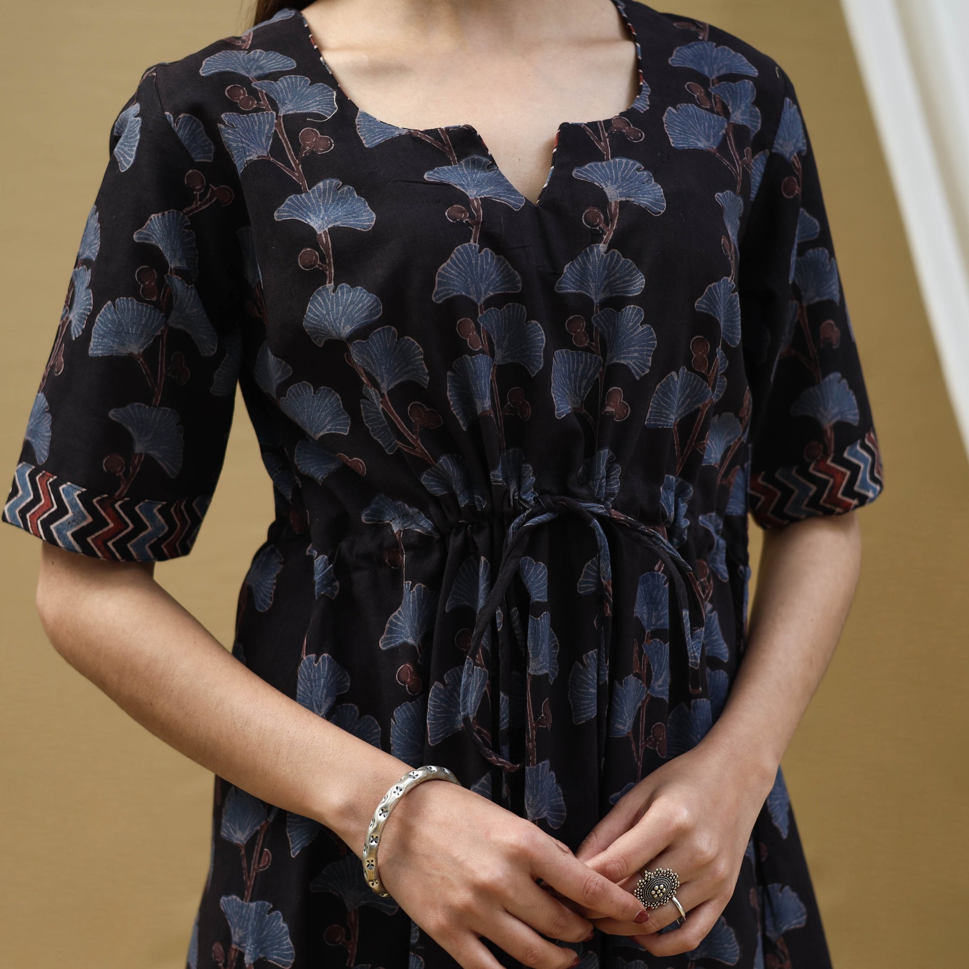Black - Block Print Cotton Flared Short Ajrakh Dress 15