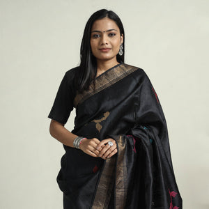 Black - Bhagalpuri Pure Desi Tussar Silk Handloom Saree with Zari Border