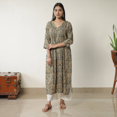 Brown - Pedana Kalamkari Block Printed Cotton Pintuck Straight Kurta 16