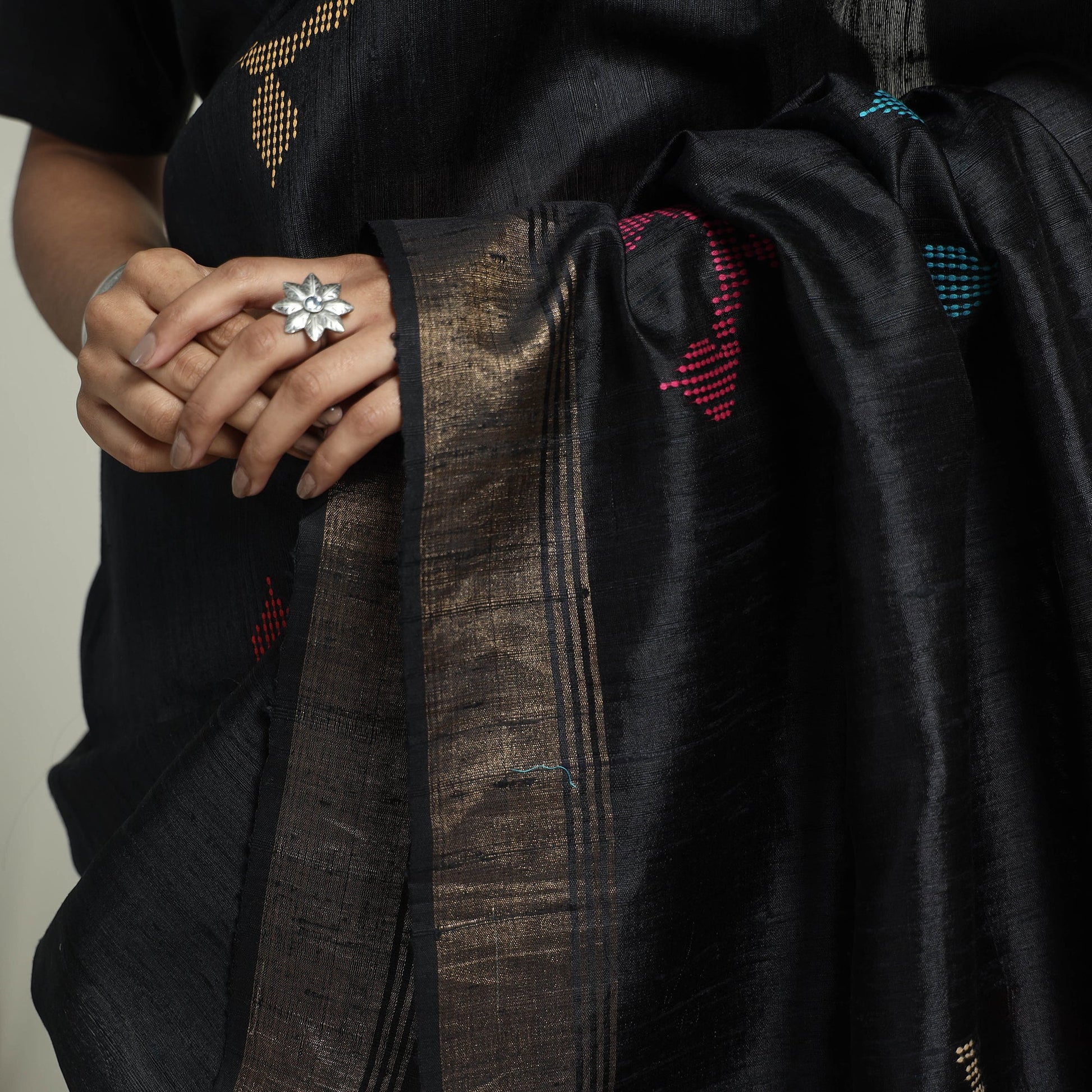 Black - Bhagalpuri Pure Desi Tussar Silk Handloom Saree with Zari Border