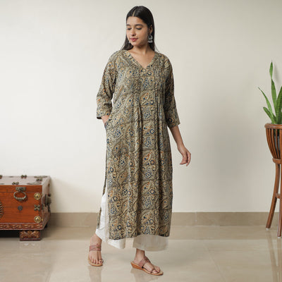 Brown - Pedana Kalamkari Block Printed Cotton Pintuck Straight Kurta 16