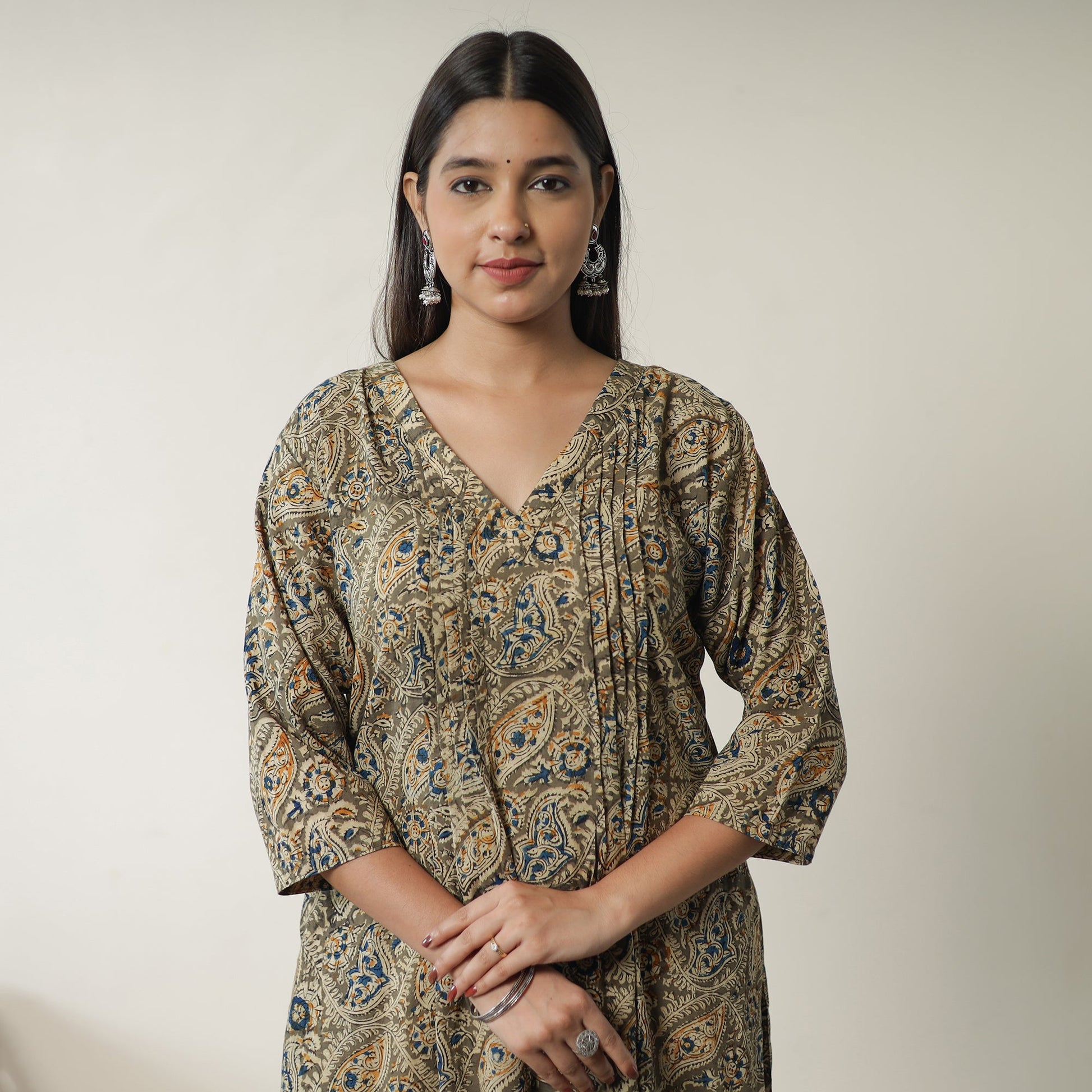 Brown - Pedana Kalamkari Block Printed Cotton Pintuck Straight Kurta 16