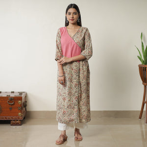 Beige - Pedana Kalamkari Block Printed Cotton Straight Kurta with Jacquard Patchwork 06