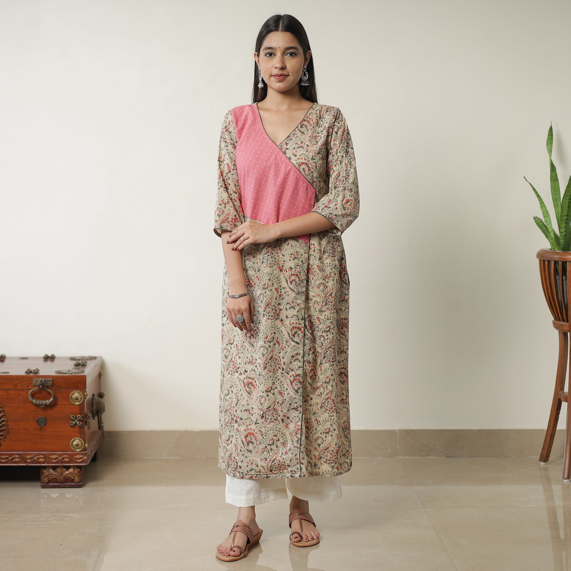 Beige - Pedana Kalamkari Block Printed Cotton Straight Kurta with Jacquard Patchwork 06
