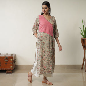 Beige - Pedana Kalamkari Block Printed Cotton Straight Kurta with Jacquard Patchwork 06