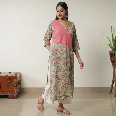 Beige - Pedana Kalamkari Block Printed Cotton Straight Kurta with Jacquard Patchwork 06