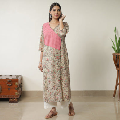 Beige - Pedana Kalamkari Block Printed Cotton Straight Kurta with Jacquard Patchwork 06