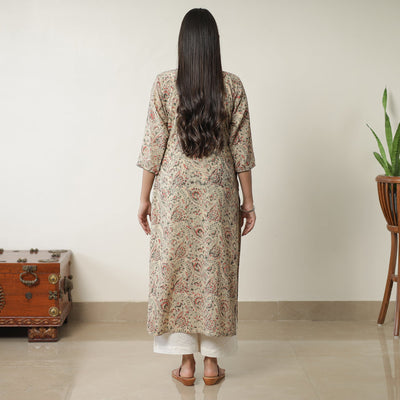 Beige - Pedana Kalamkari Block Printed Cotton Straight Kurta with Jacquard Patchwork 06