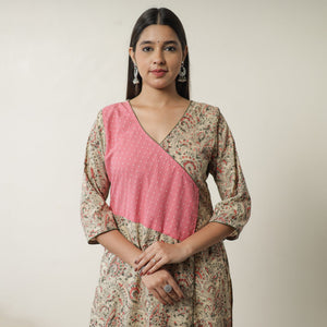 Beige - Pedana Kalamkari Block Printed Cotton Straight Kurta with Jacquard Patchwork 06