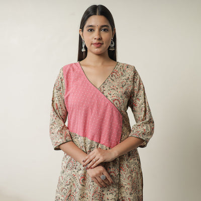 Beige - Pedana Kalamkari Block Printed Cotton Straight Kurta with Jacquard Patchwork 06
