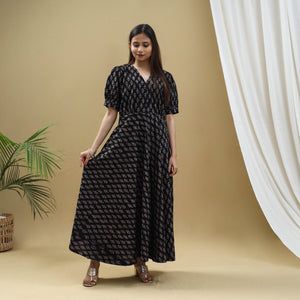 Black - Block Print Cotton Flared Ajrakh Dress 05