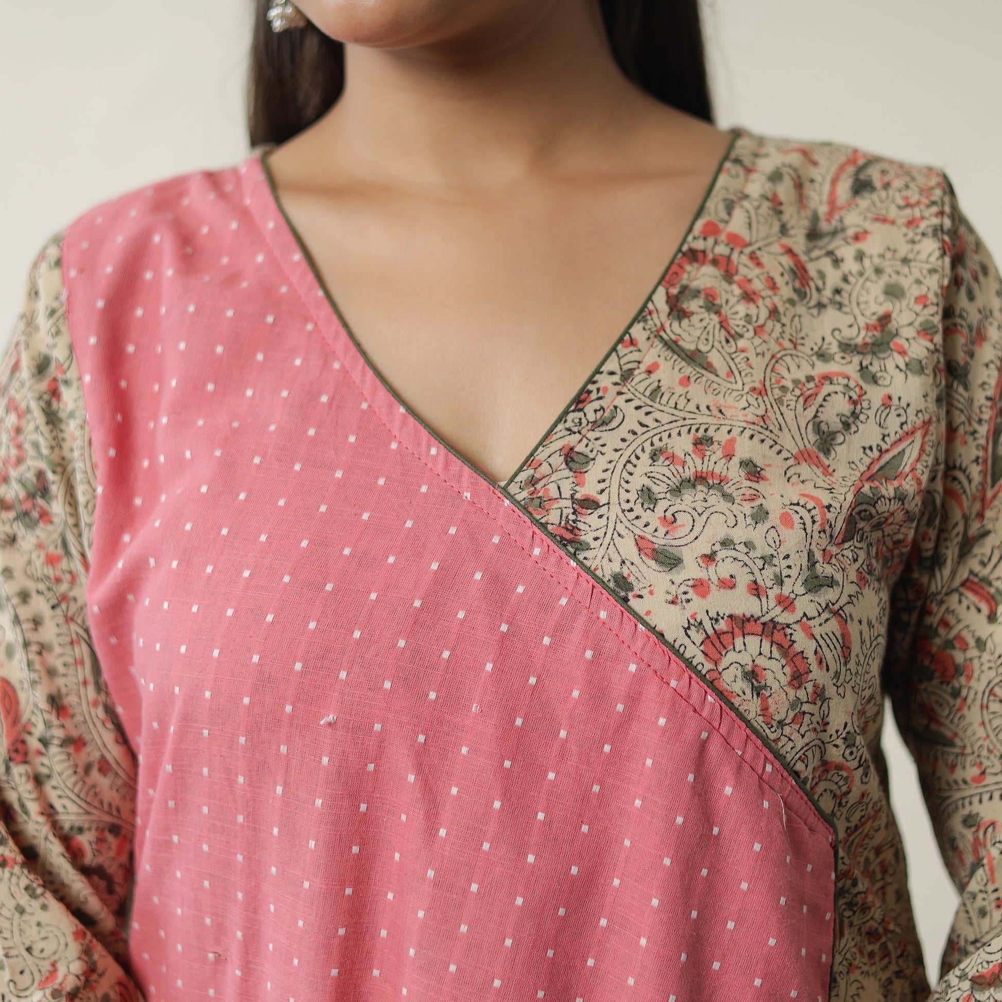 Beige - Pedana Kalamkari Block Printed Cotton Straight Kurta with Jacquard Patchwork 06
