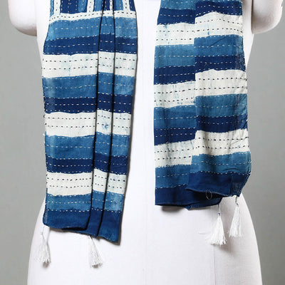Blue - Block Printed Tagai Work Cotton Stole with Tassels