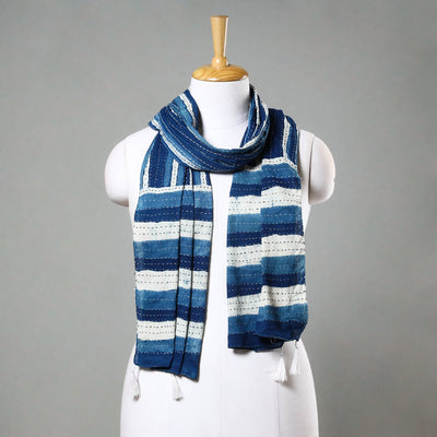 Blue - Block Printed Tagai Work Cotton Stole with Tassels