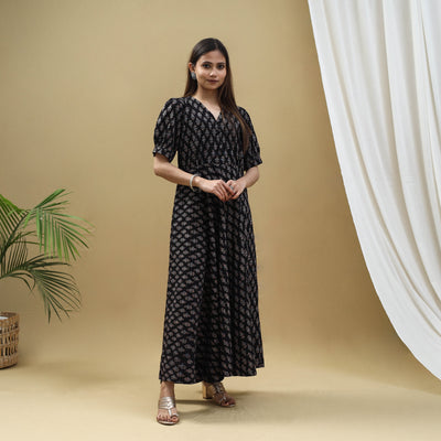 Black - Block Print Cotton Flared Ajrakh Dress 05