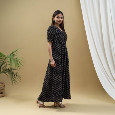 Black - Block Print Cotton Flared Ajrakh Dress 05