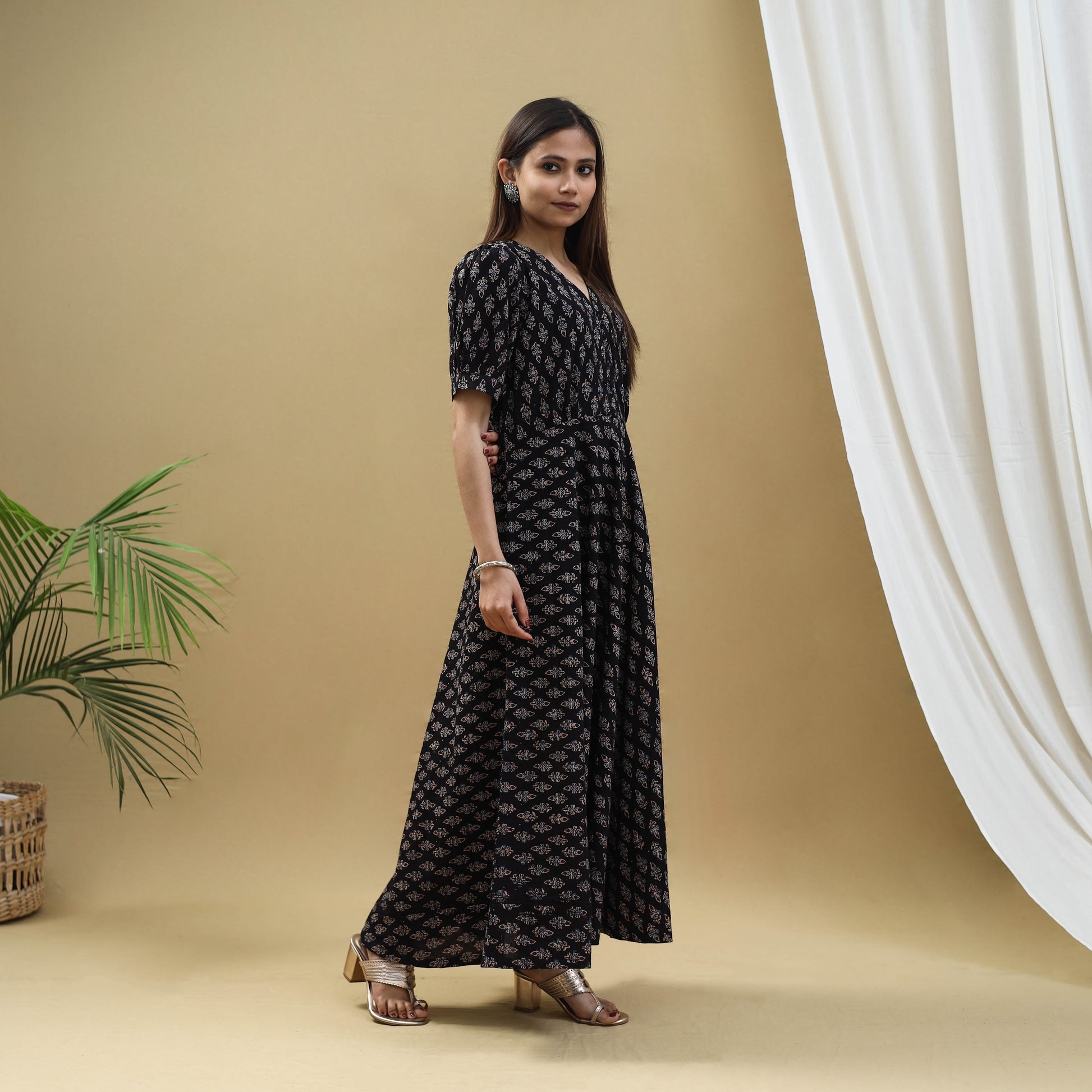 Black - Block Print Cotton Flared Ajrakh Dress 05