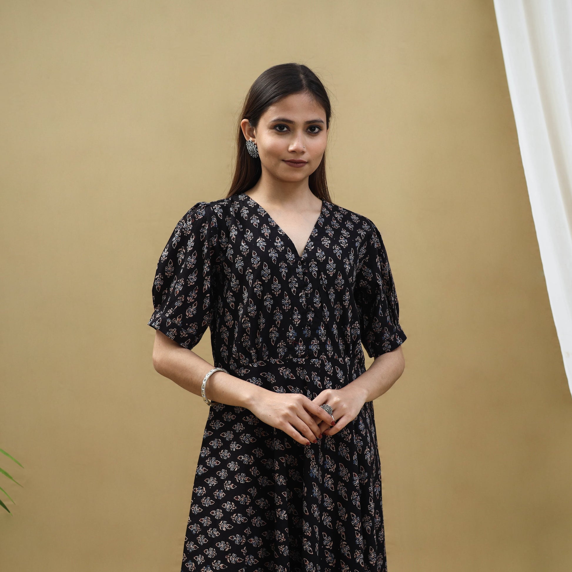 Black - Block Print Cotton Flared Ajrakh Dress 05