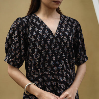 Black - Block Print Cotton Flared Ajrakh Dress 05