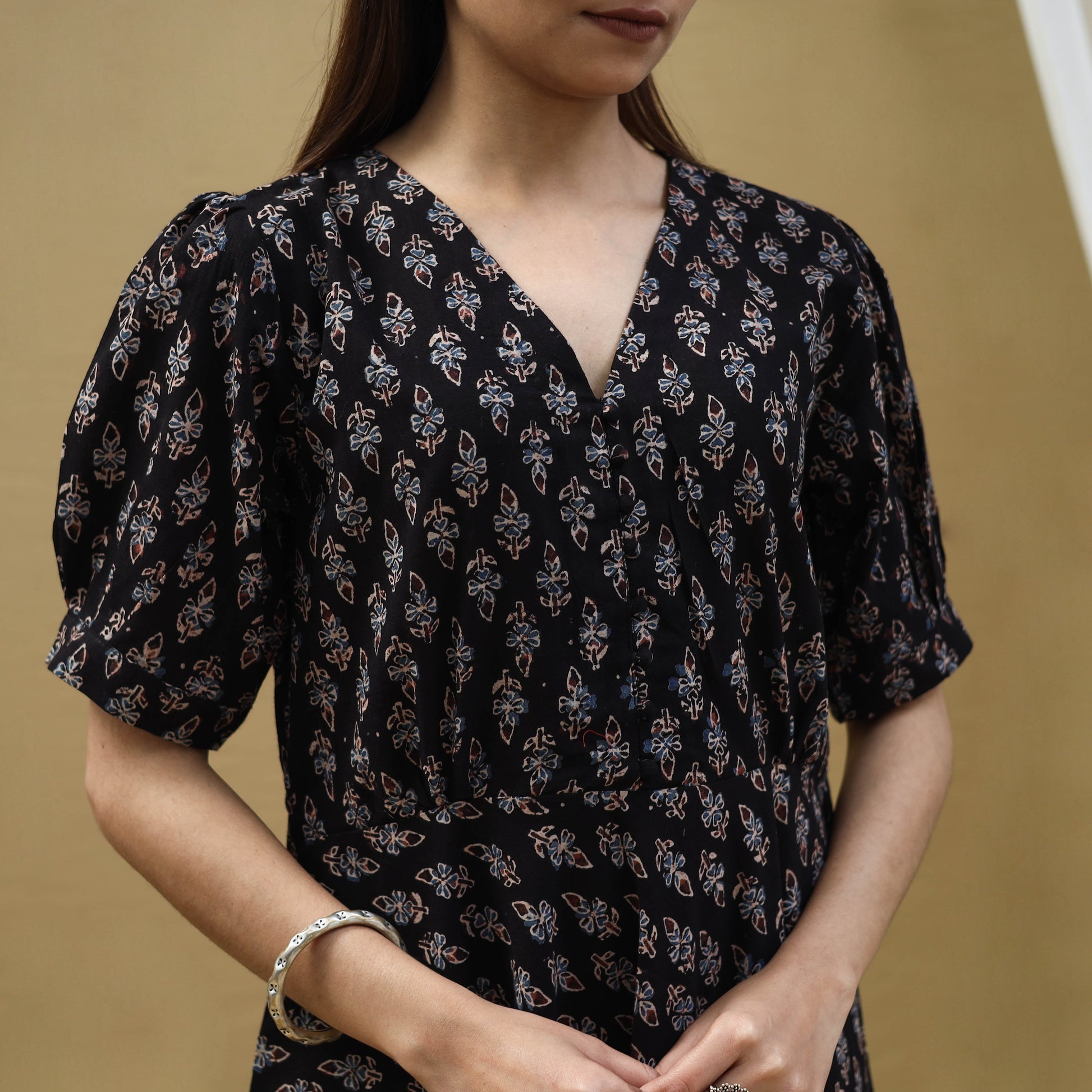 Black - Block Print Cotton Flared Ajrakh Dress 05