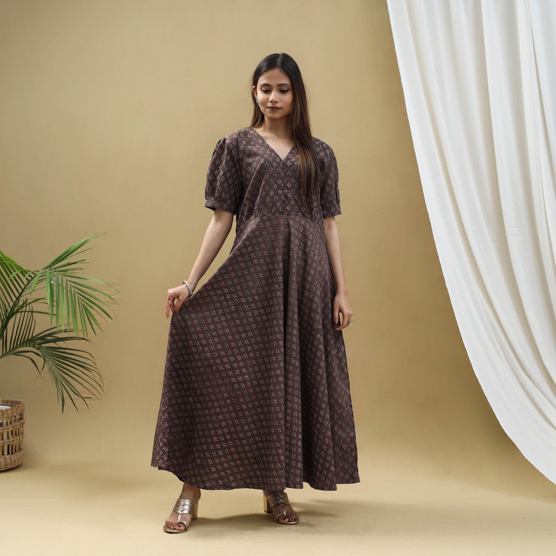 Brown - Block Print Cotton Flared Ajrakh Dress 02