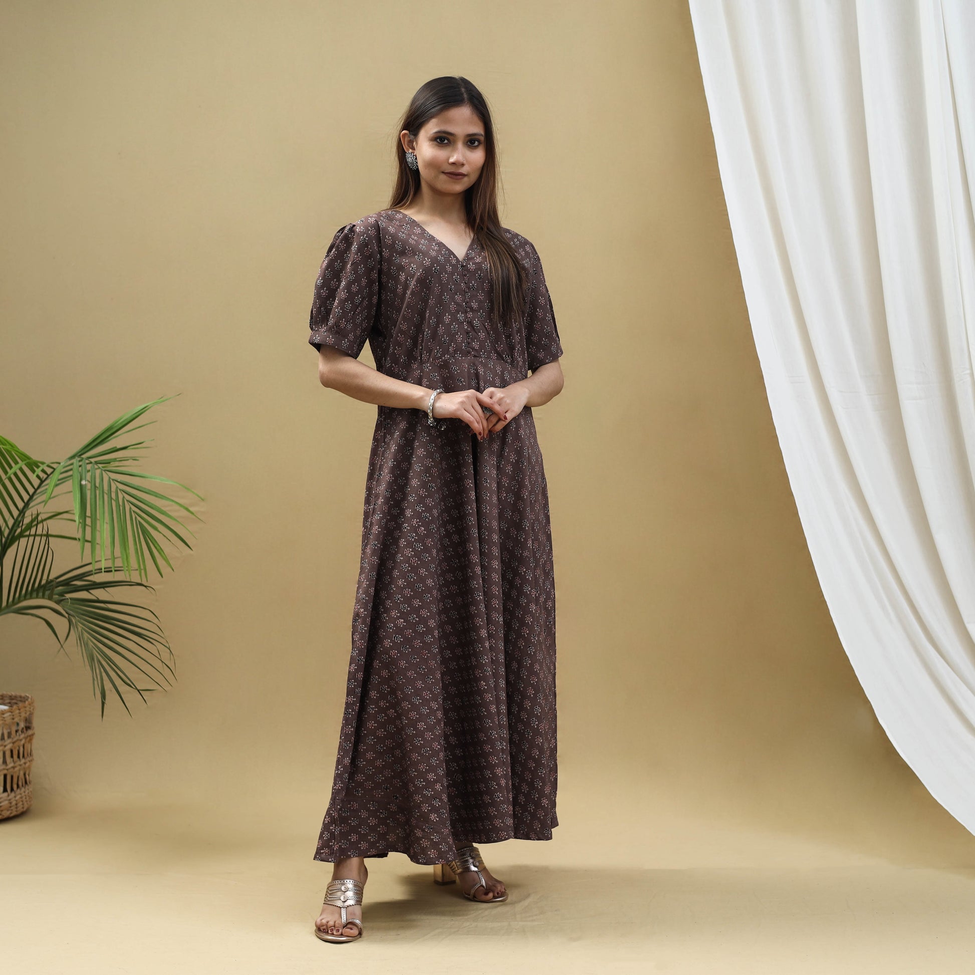 Brown - Block Print Cotton Flared Ajrakh Dress 02