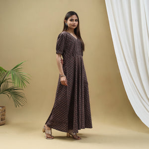 Brown - Block Print Cotton Flared Ajrakh Dress 02