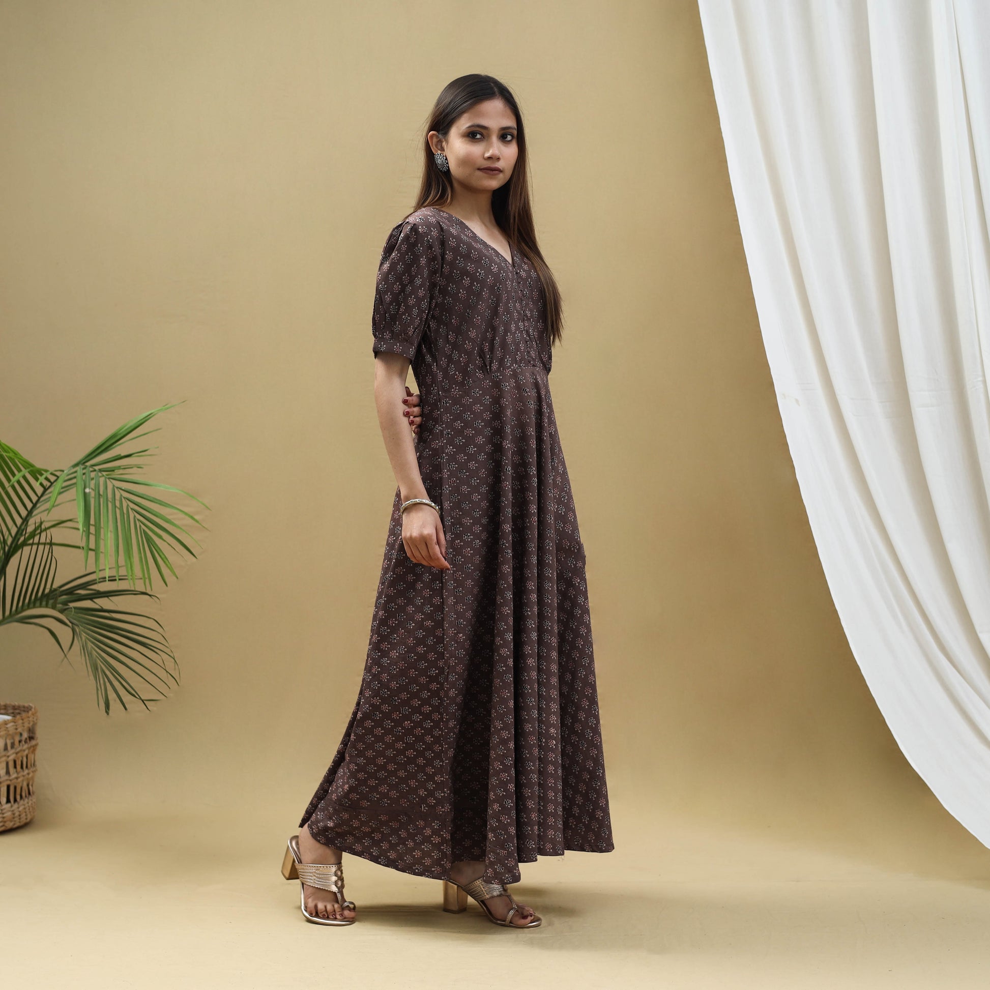Brown - Block Print Cotton Flared Ajrakh Dress 02