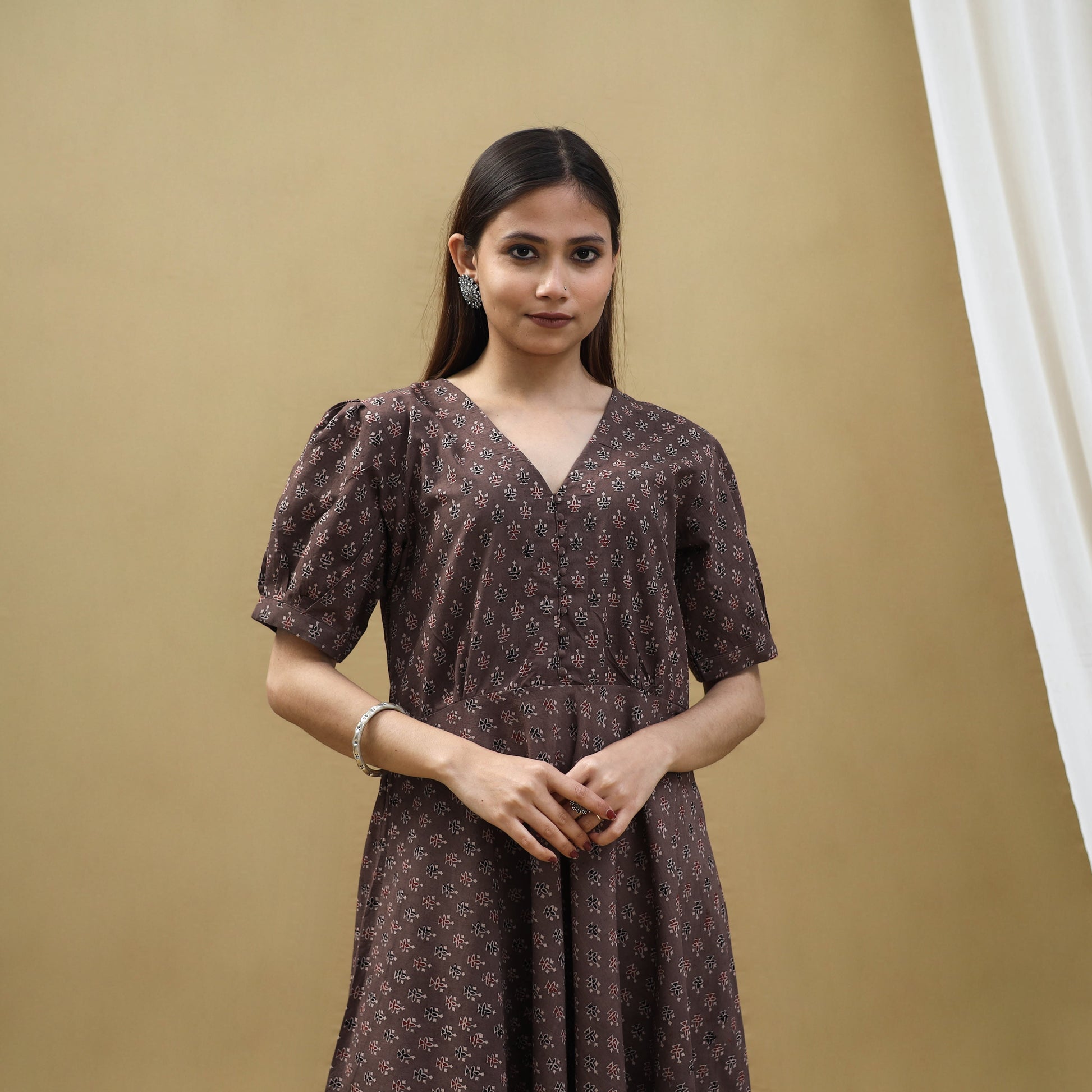 Brown - Block Print Cotton Flared Ajrakh Dress 02