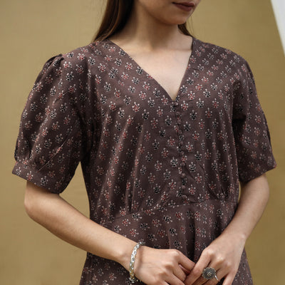 Brown - Block Print Cotton Flared Ajrakh Dress 02