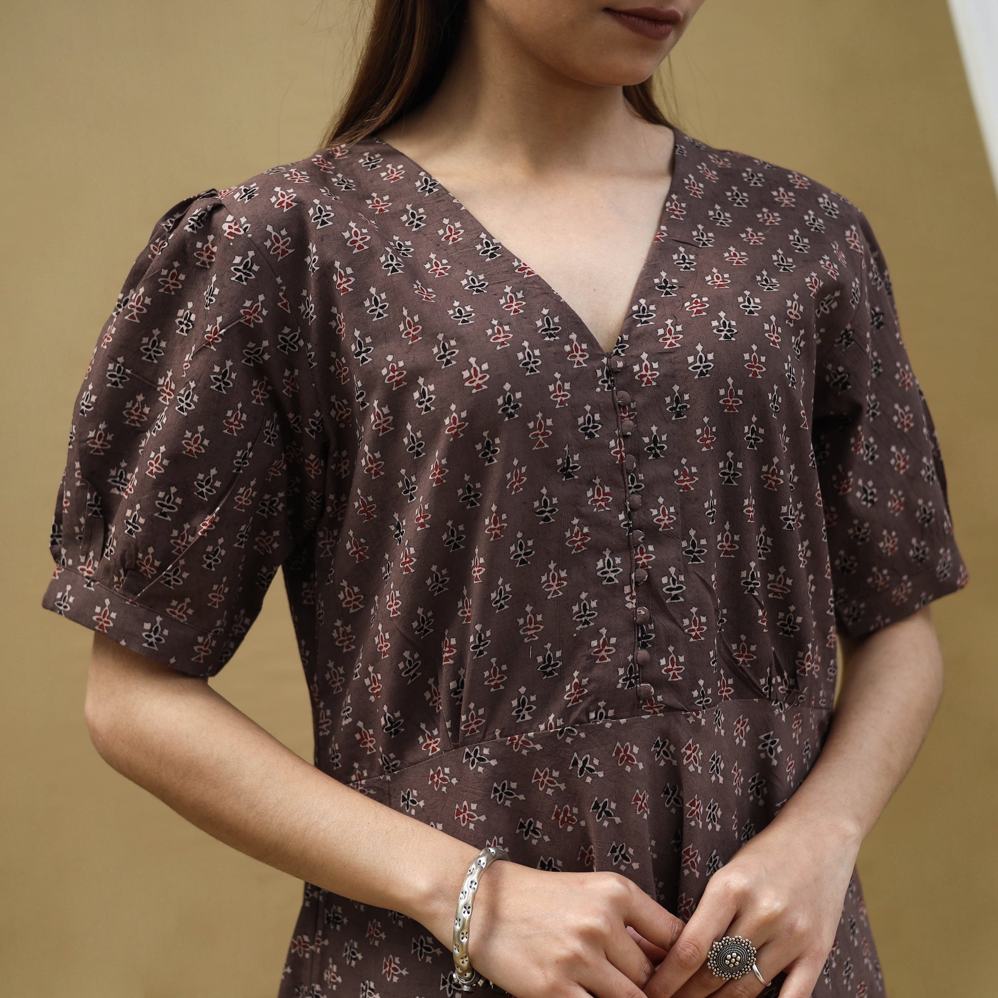 Brown - Block Print Cotton Flared Ajrakh Dress 02