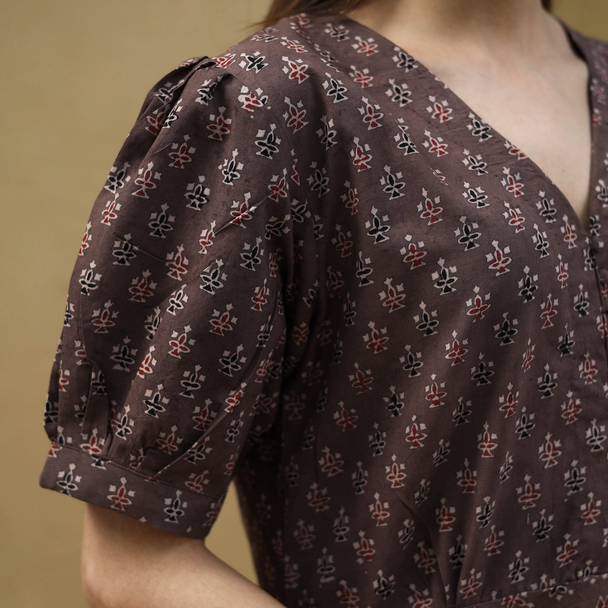 Brown - Block Print Cotton Flared Ajrakh Dress 02