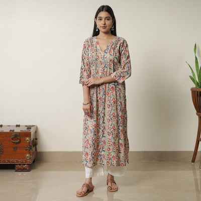 Beige - Pedana Kalamkari Block Printed Cotton Pintuck Straight Kurta 17