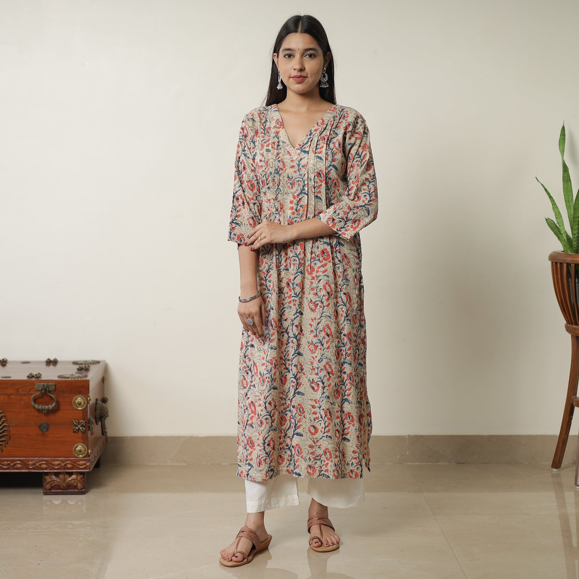 Beige - Pedana Kalamkari Block Printed Cotton Pintuck Straight Kurta 17