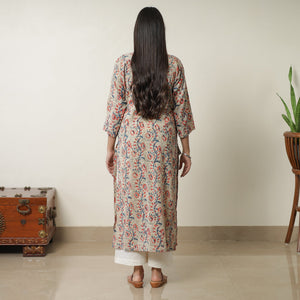 Beige - Pedana Kalamkari Block Printed Cotton Pintuck Straight Kurta 17