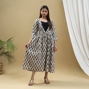 Beige - Block Print Cotton Flared Ajrakh Dress 09