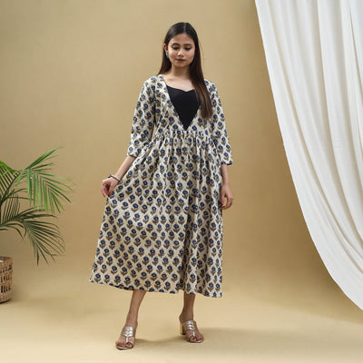 Beige - Block Print Cotton Flared Ajrakh Dress 09