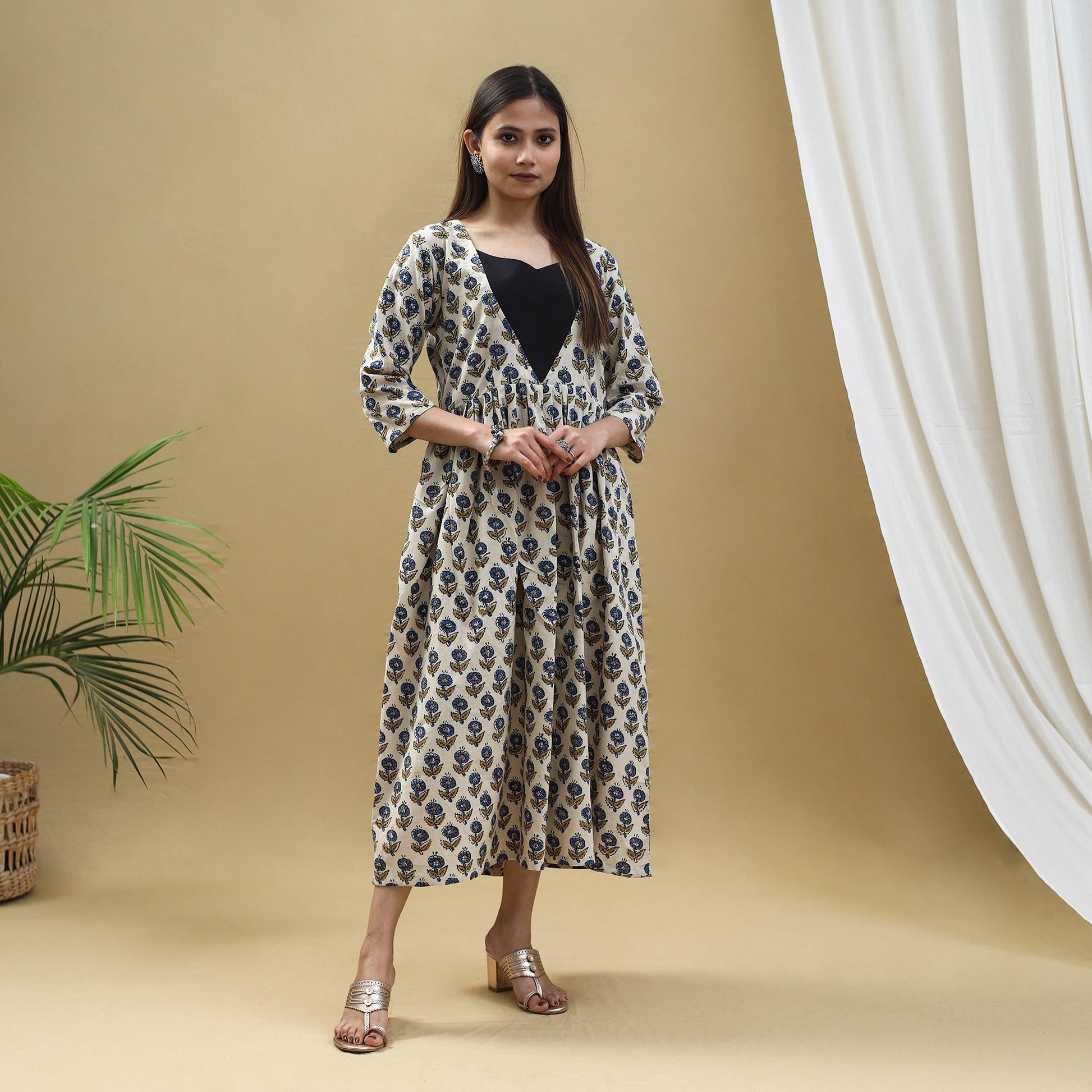 Beige - Block Print Cotton Flared Ajrakh Dress 09