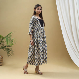 Beige - Block Print Cotton Flared Ajrakh Dress 09