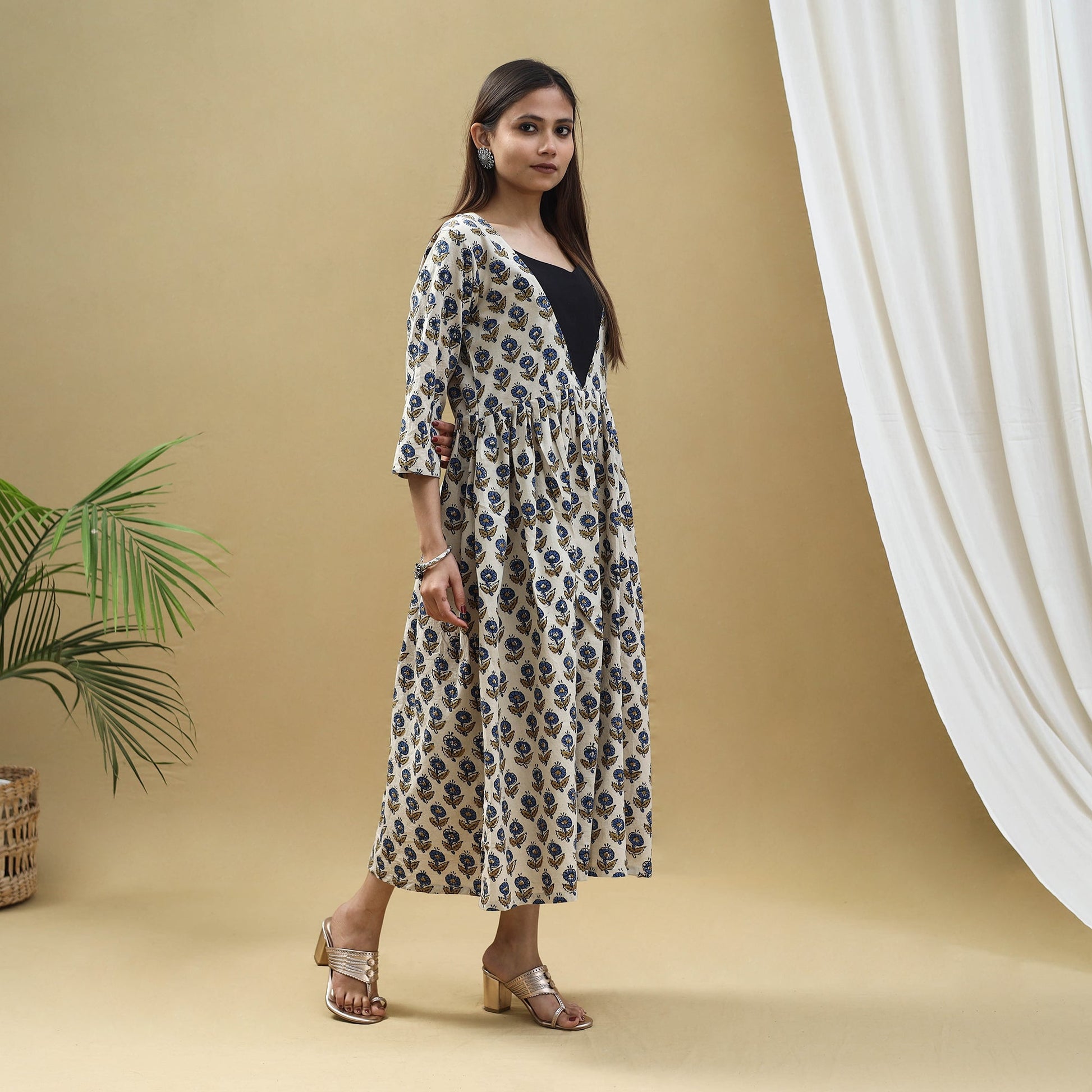 Beige - Block Print Cotton Flared Ajrakh Dress 09