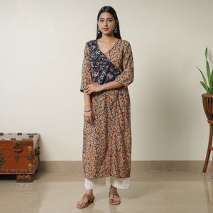 Beige - Pedana Kalamkari Block Printed Cotton Straight Kurta with Ajrakh Patchwork 10